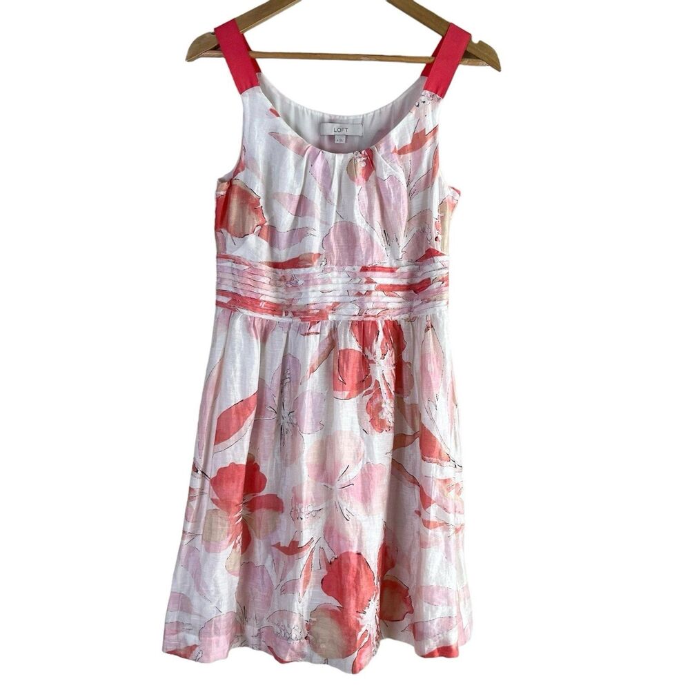 LOFT Flower Sun Dress Pink White Linen Blend Sleeveless